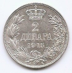 Serbia 2 Dinari 1915 - Petar I, Argint 10 g/835, 28mm, Md5, KM-26.1 foto