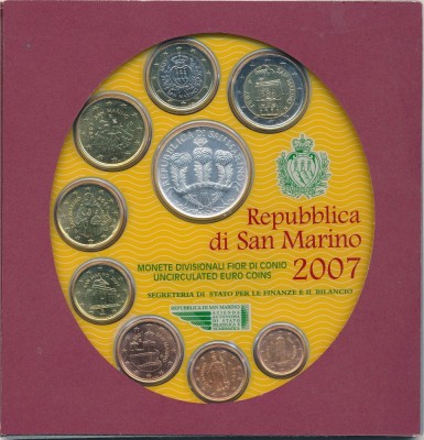 San Marino 2007 - set euro bancar de la 1 cent la 2 euro + monedă comemorativă din argint de 5 euro foto