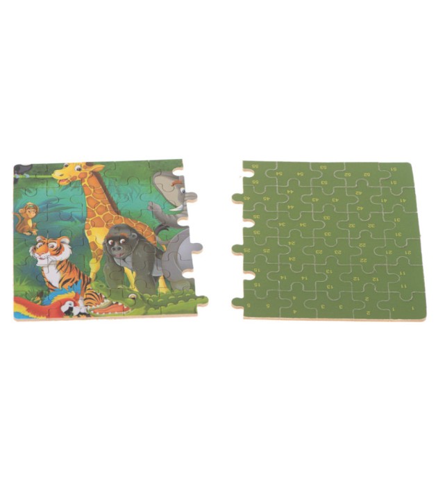 Puzzle pentru copii cu animale salbatice si cutie de depozitare din metal, 60 piese