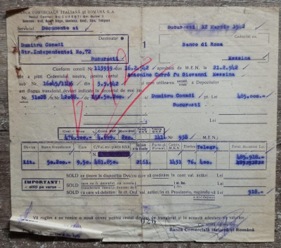 Document confirmare transfer, Banca Comerciala Italiana si Romana SA, 1942 foto