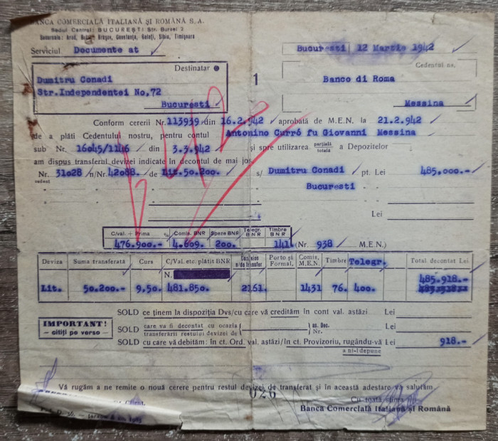 Document confirmare transfer, Banca Comerciala Italiana si Romana SA, 1942