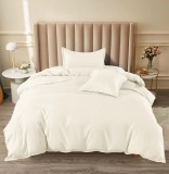 Cumpara ieftin Lenjerie Pat Bumbac 4 Piese cu Elastic Crem, 200x155/140 cm, Fata Perna 55x75 cm