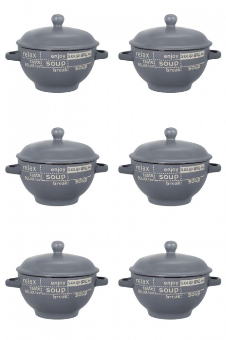 Set boluri supa, 6 piese, 650 ml, Ceramica, Gri bej