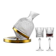 Set Decantor de vin Rotativ, ergonomic, imprimeu modern, accesorii incluse, 2 pahare, suport, auriu, 1500 ml