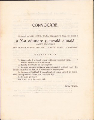 HST A1405 Convocare 1927 Societatea Doina Beiuș foto