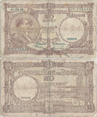 1948 (1 Septembrie), 20 Francs (P-116) - Belgia foto