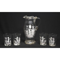 Carafa pentru apa cu patru pahare sticla pictata Mary Gregory Boemia cca. 1900