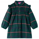 Rochie Copii Verde Inchis 92 (1.5-2 Ani) Bumbac Carouri Maneca Lunga cu Volane VidaXL