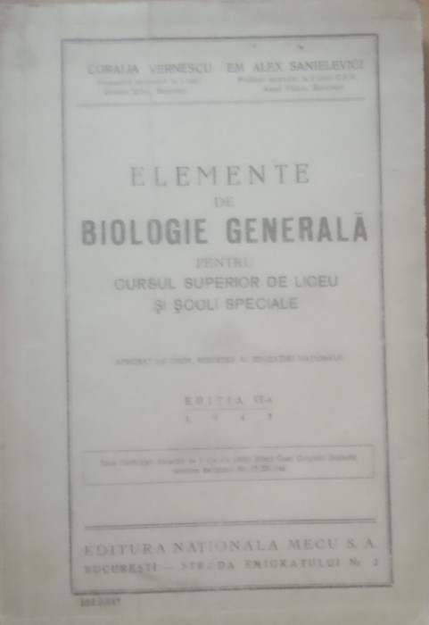 CORALIA VERNESCU - ELEMENTE DE BIOLOGIE GENERALA PENTRU CURSUL SUPERIOR DE LICEU