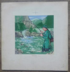 Pescuit sportiv in d&eacute;cor montan// tempera pe carton, ilustratie
