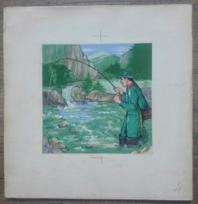 Pescuit sportiv in d&amp;eacute;cor montan// tempera pe carton, ilustratie foto