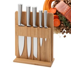 Set universal 5 cutite otel inoxidabil pentru bucatarie Koken cu suport si tocator din bambus, ultra-ascutite, 7 piese,
