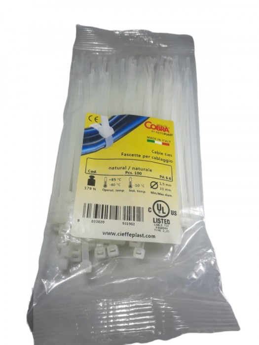 Set 100 buc colier cablu 175x4.8mm din plastic alb Cobra 9250