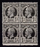 ROMANIA 1885/1888 LP 43 a REGELE CAROL I VULTURI HARTIE COLORATA VALOAREA 1 1/2 BANI NEGRU BLOC DE 4 TIMBRE STARE MNH, Nestampilat