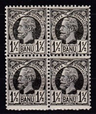 ROMANIA 1885/1888 LP 43 a REGELE CAROL I VULTURI HARTIE COLORATA VALOAREA 1 1/2 BANI NEGRU BLOC DE 4 TIMBRE STARE MNH