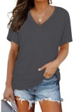 Bluză de damă cu guler &icirc;n V, m&acirc;neci scurte, de vară, cu croi larg, casual, tricou de bază