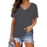 Bluză de damă cu guler &icirc;n V, m&acirc;neci scurte, de vară, cu croi larg, casual, tricou de bază