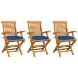 vidaXL Scaune de grădină cu perne, 3 buc., albastru, lemn masiv de tec 3062539