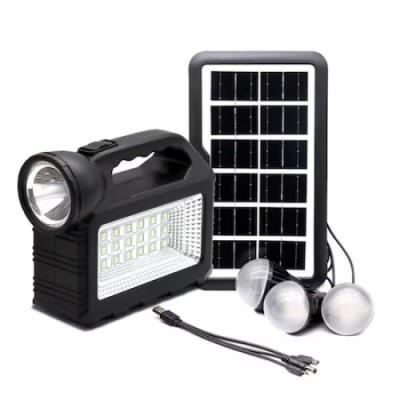 Kit solar cu lanterna LED multifunctionala, panou solar, 3 becuri, putere 3W, cu cablul USB universal, negru foto