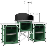 Outsunny Mobilier de Bucătărie pentru Camping Pliabil cu 3 Blaturi, 4 C&acirc;rlige, St&acirc;lp de Lumină și Husă de Transport 172x48x119 cm Verde | Aosom Romani