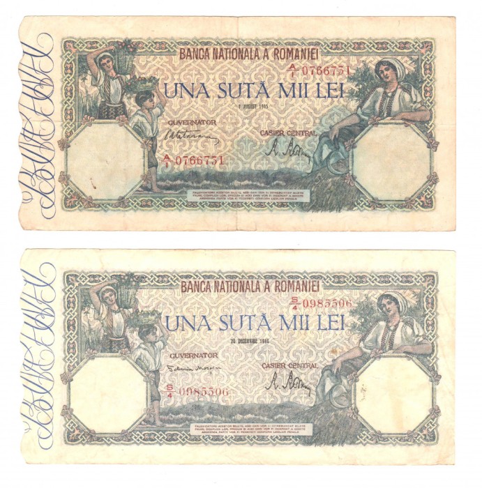 SV * Romania LOT 4 x 100000 /100 MII LEI VIII.1945 + III - X - XII.1946 * +/- VF