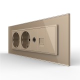 Cumpara ieftin Priza tripla Livolo cu rama din sticla, 2 Schuko + TV/internet, auriu