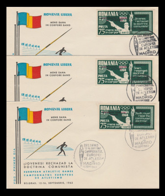 1962 Exil Romania - Emisiunea 29, 3 FDC Campionatul European de Atletism, serie nedantelata cu supratipar trilingv foto