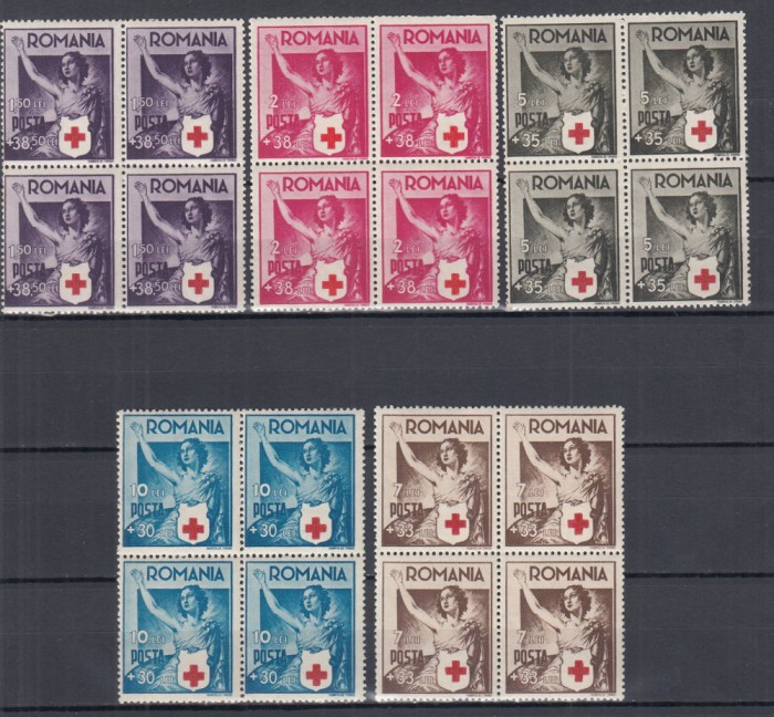 ROMANIA 1941 LP 145 CRUCEA ROSIE A ROMANIEI SERIA IN BLOCURI DE 4 TIMBRE MNH