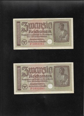 Rar! Set Germania 2 x 20 marci mark reichsmark 1940 (45) xf-aunc consecutive foto