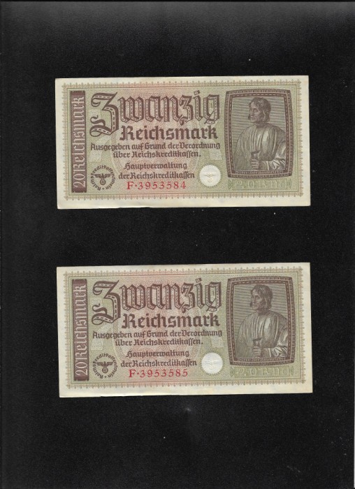 Rar! Set Germania 2 x 20 marci mark reichsmark 1940 (45) xf-aunc consecutive