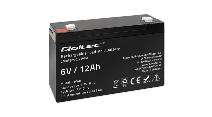 Baterie Qoltec AGM | 6V | 12Ah | max 180