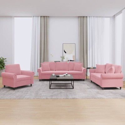 vidaXL Set canapea cu perne, 3 piese, roz, catifea foto