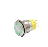 Buton push iluminat cu mentinere, 5A 12V DC, 19mm, IP67, metalic, inel LED verde, 5 pini, FLM19-FJ-1-EX000-N11Z5-GREEN