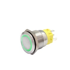 Buton push iluminat fara mentinere, 5A 12V DC, 19mm, IP67, metalic, inel LED verde, 5 pini, FLM19-FJ-1-EX000-S11M5-GREEN