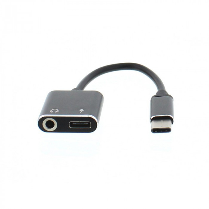 Adaptor Well, USB-C tata, jack 3.5 mm mama, USB-C mama, 7 cm, Negru