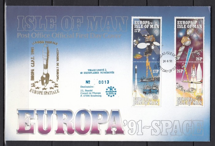 Insulele Man 1991 - FDC SPECIAL AUR - EUROPA SPATIALA - Tiraj 60 ex. numerotate