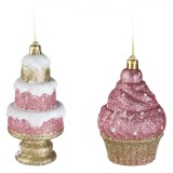 Ornamente Brad Crăciun, Set 2 Bucăți, Cupcake și Tort, Glitter Roz și Auriu, Plastic, 10.5 cm și 12.5 cm, Oem