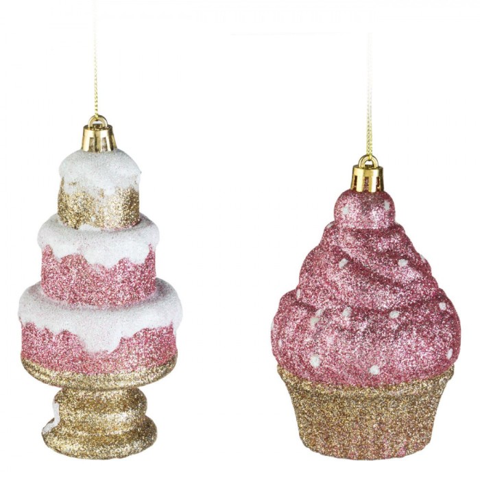 Ornamente Brad Crăciun, Set 2 Bucăți, Cupcake și Tort, Glitter Roz și Auriu, Plastic, 10.5 cm și 12.5 cm
