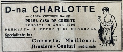 1931 Reclamă rom&amp;acirc;nească CASA DE CORSETE CHARLOTTE Bucuresti interbelic Calea VICTORIEI Nr. 89 moda feminina istoria Romania maiouri centuri medicinale foto
