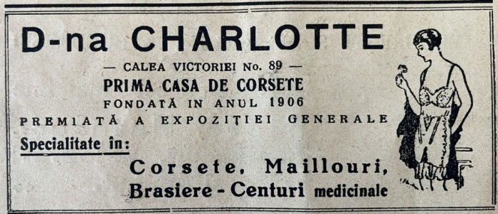 1931 Reclamă rom&acirc;nească CASA DE CORSETE CHARLOTTE Bucuresti interbelic Calea VICTORIEI Nr. 89 moda feminina istoria Romania maiouri centuri medicinale