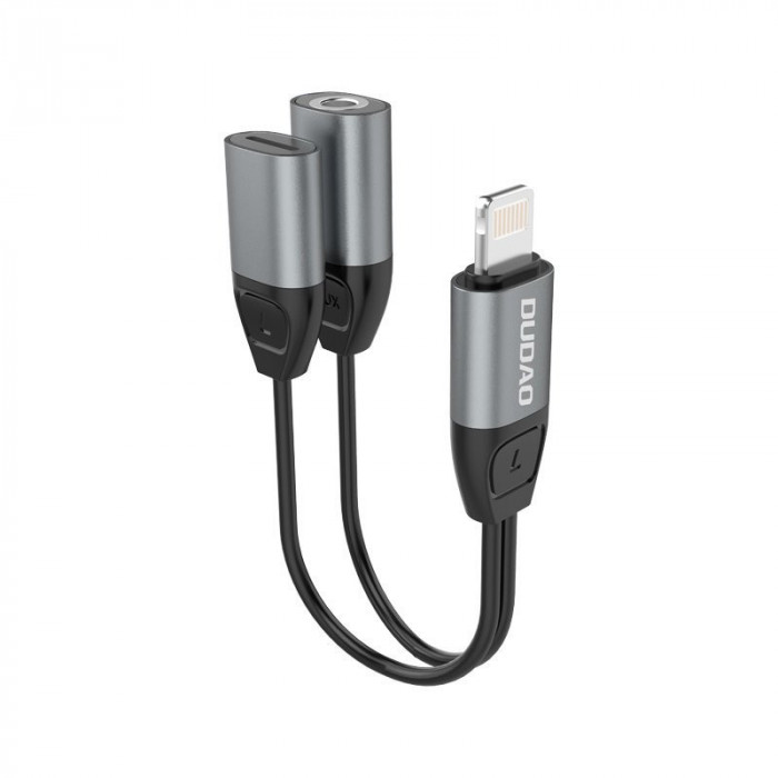 Adaptor Pentru Căști Dudao Adaptor Lightning La Lightning + Mini Mufă De 3,5 Mm Pentru Muzică și &icirc;ncărcare Gri (L17i + Gri) L7I+ GRAY