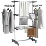 HOMCOM Uscător de Rufe Pliabil Tip Turn cu 6 Roți, C&acirc;rlige și 3 Rafturi Reglabile pentru Interior, 142x55x152 cm, Argintiu | Aosom Romania