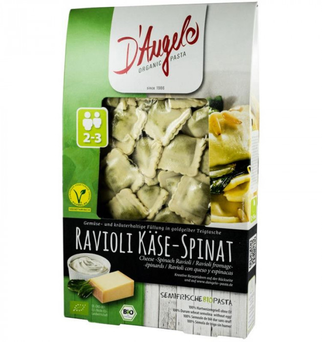 Paste Fainoase Ravioli cu Branza si Spanac Bio 250 grame D&#039;Angelo Pasta