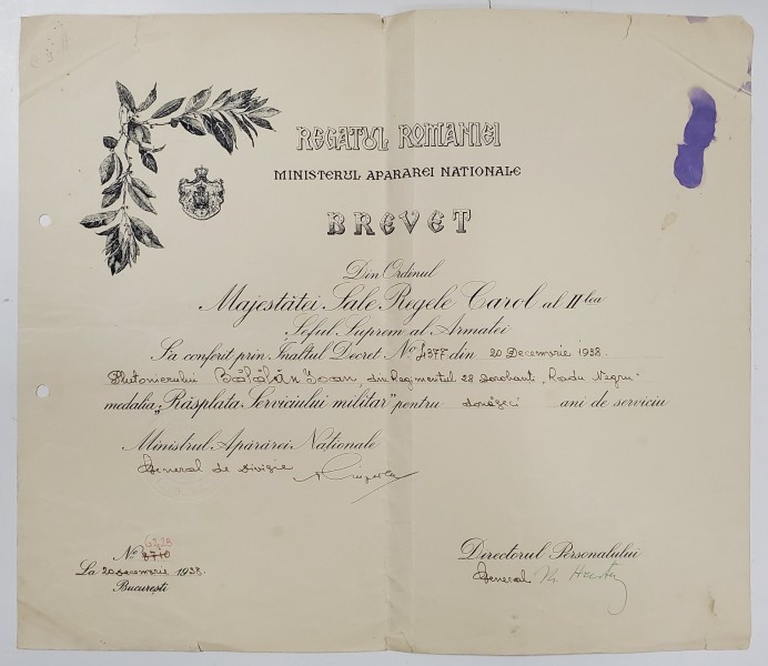 BREVET PENTRU ACORDAREA MEDALIEI &#039;&#039; RASPLATA SERVICIULUI MILITAR &#039;&#039; LA 20 ANI DE SERVICIU , 20 DEC. , 1938