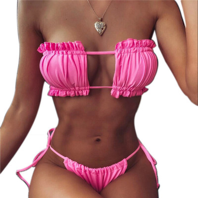 Costum de Baie Bikini Sutien Bandou Split Brazilian Fara Bretele Strapless foto