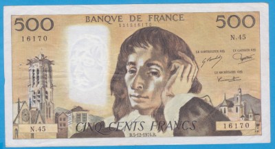 (1) BANCNOTA FRANTA - 500 FRANCS 1974 (5-12-1974), CU &amp;quot;PIN HOLES&amp;quot;, MAI RARA foto