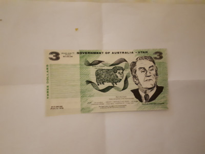 CY - 3 dollars dolari Australia Utah / Political Funny Money / aUNC RARA foto