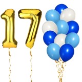 Set Baloane Aniversare 17 Ani Baiat Albastru: 2 Folie Aurii 81cm + 12 Latex 30cm - Ropet