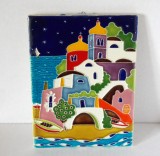 Tablou (placheta) ceramica emailata cloisonnee handmade - Case mediteraneene - semnată Creazione Luciano, Salerno, Sicilia Italia