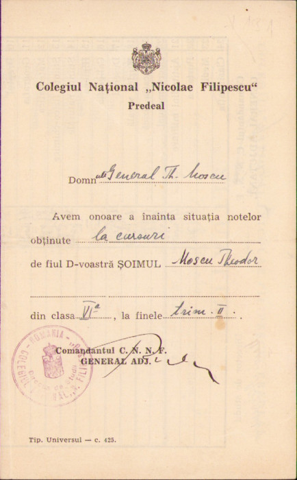 HST A1425 Carnet situație școlară șoim 1942 Colegiul National Nicolae Filipescu